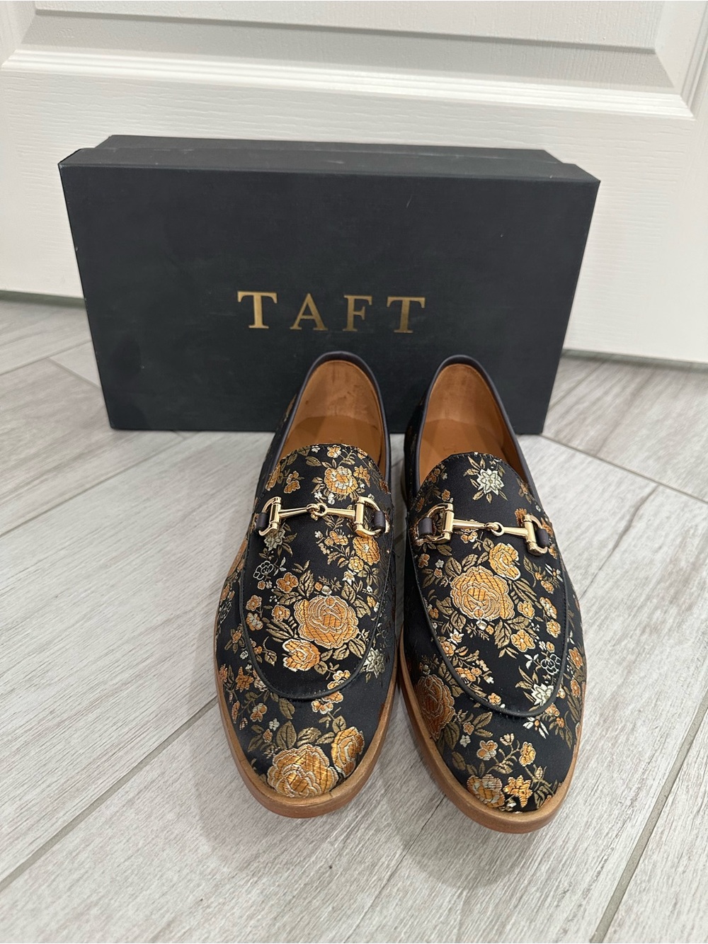Taft Black Loafers with Gold Floral Embroidery